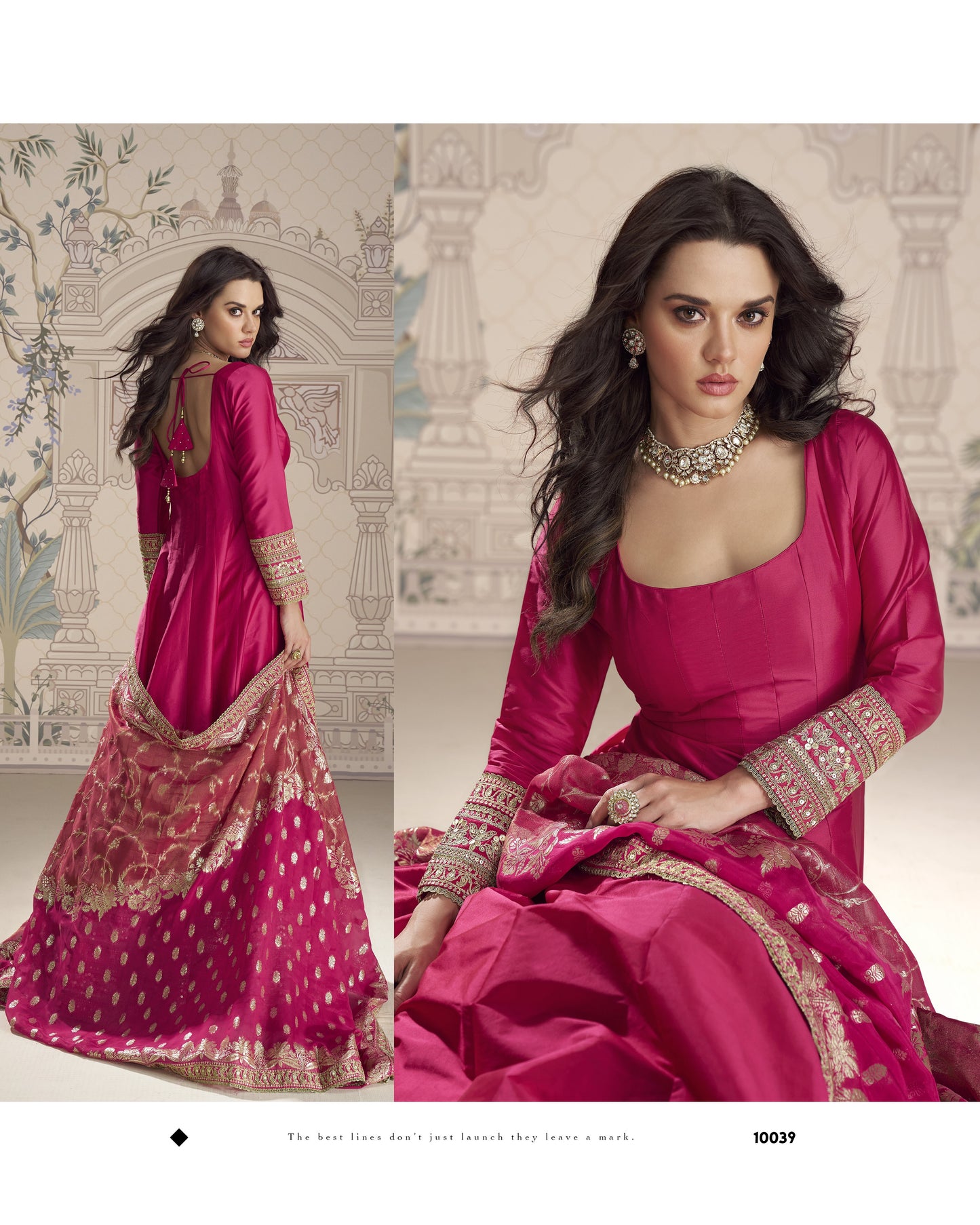 Woman in a pink traditional outfit with intricate designs, sitting against a decorative wall.