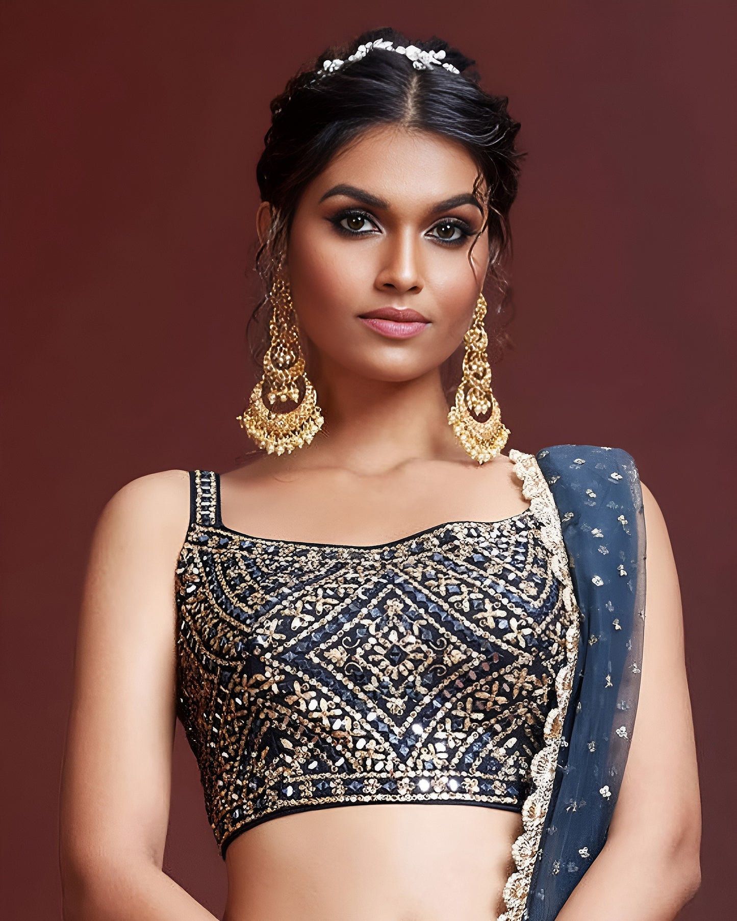 Blue Chinon Silk Lehenga Choli With Blouse & Dupatta For Indian & Pakistani Wedding Festival - Digital Print & Heavy Embroidery with Real Mirror Work