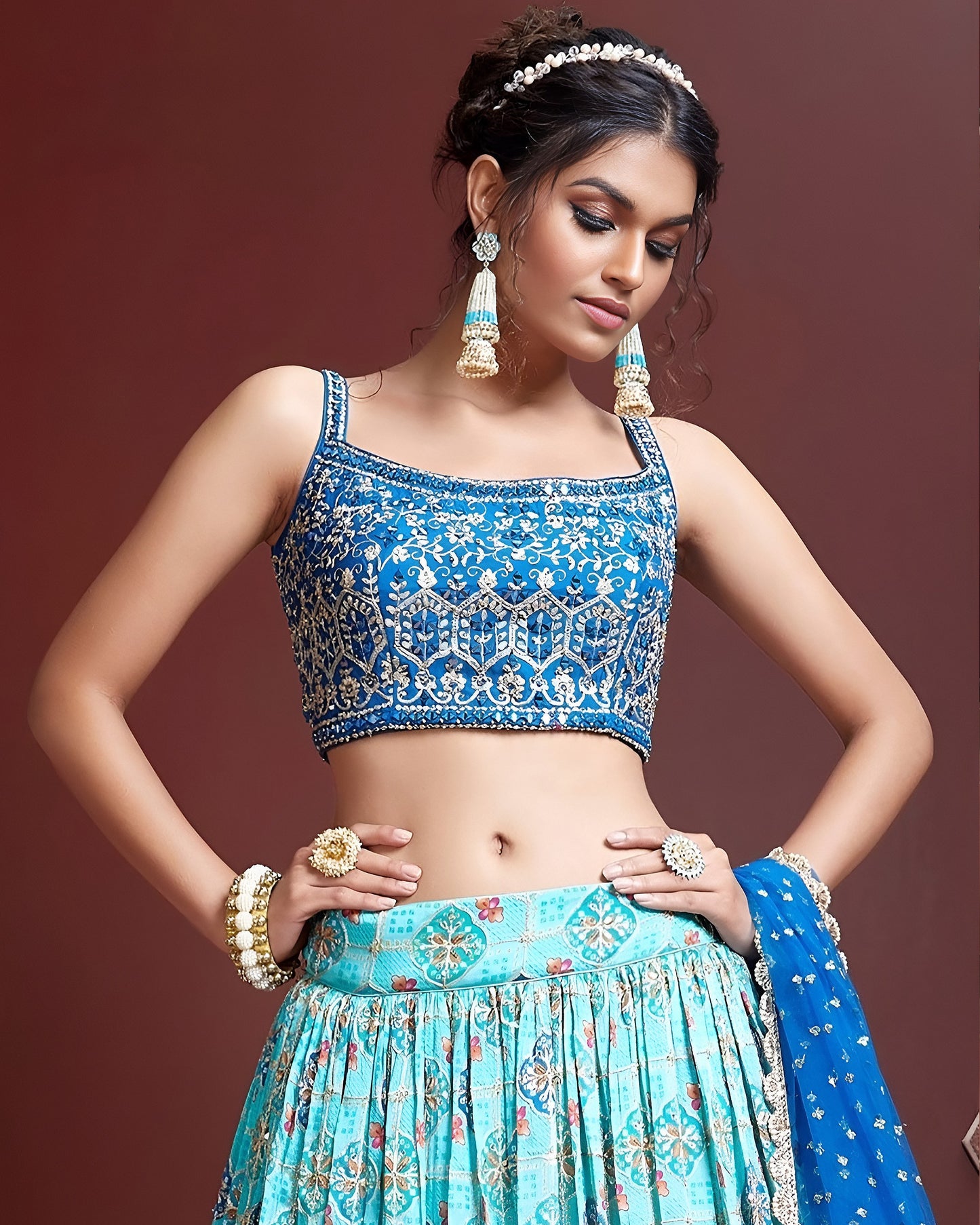 Sky Blue Chinon Silk Lehenga Choli With Blouse & Dupatta For Indian & Pakistani Wedding Festival - Digital Position Print and Heavy Embroidery with Real Mirror Work