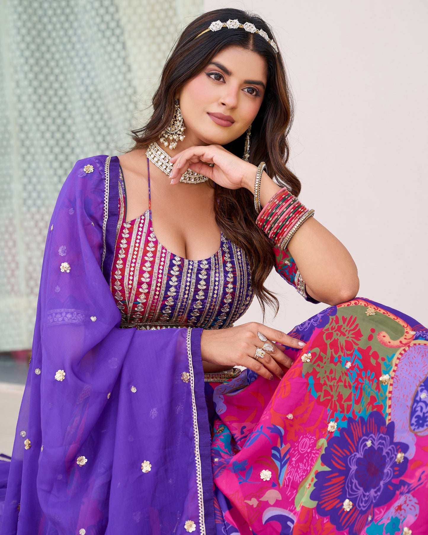 Purple Organza Lehenga Choli With Blouse & Dupatta For Indian & Pakistani Wedding Festival - Dori With Thread & Sequins Embroidery Work