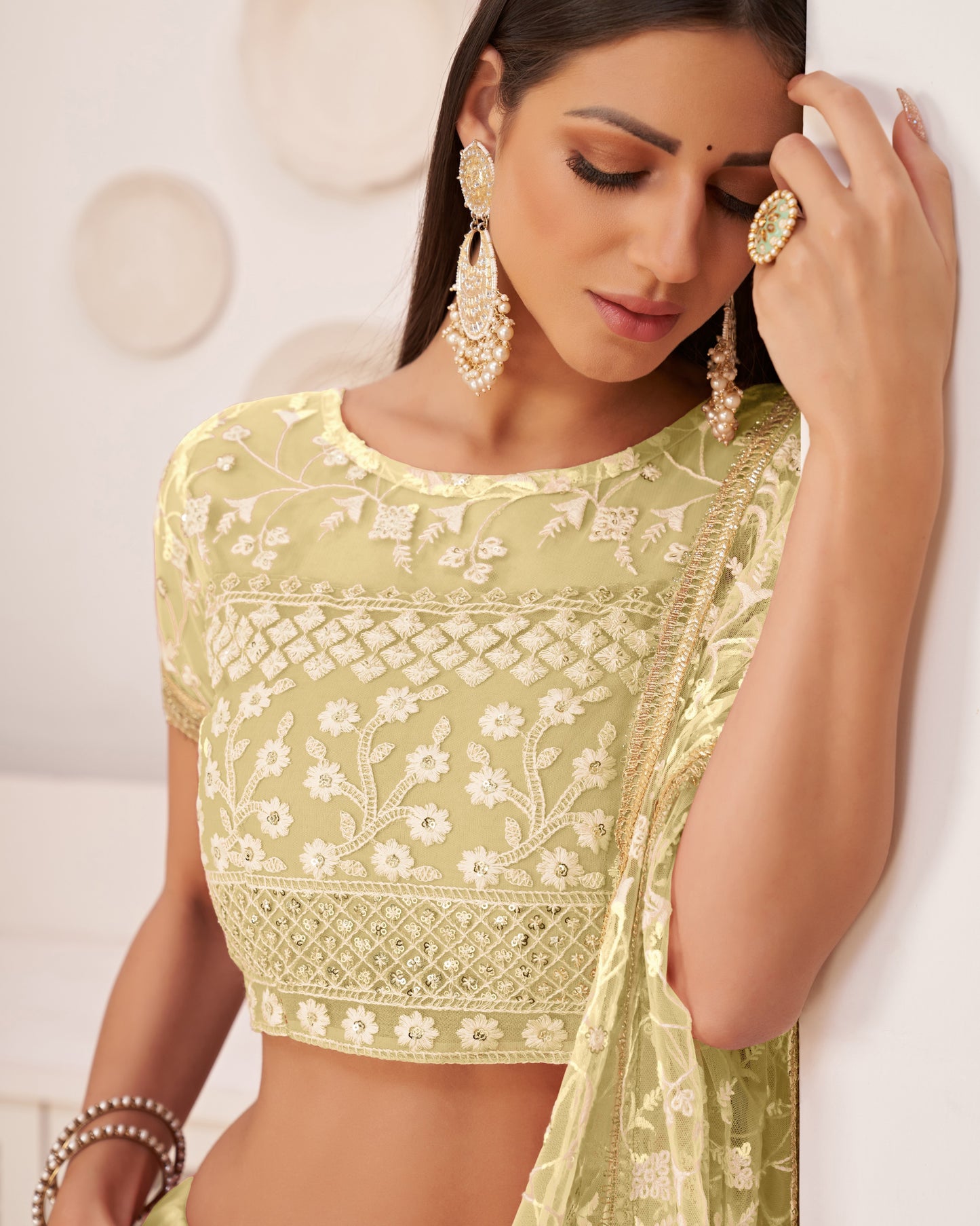 Woman wearing a light green embroidered blouse with a plain background