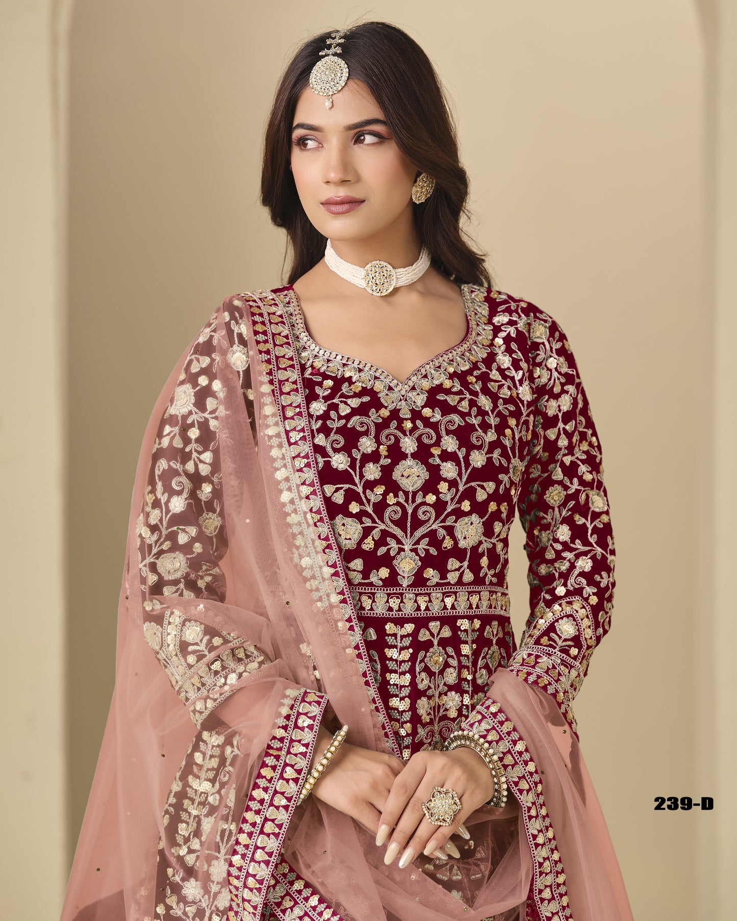 Deep Maroon Velvet Anarkali Suit With Dupatta For Indian & Pakistani Wedding Festival - Dori With Thread & Sequence Embroidery Work