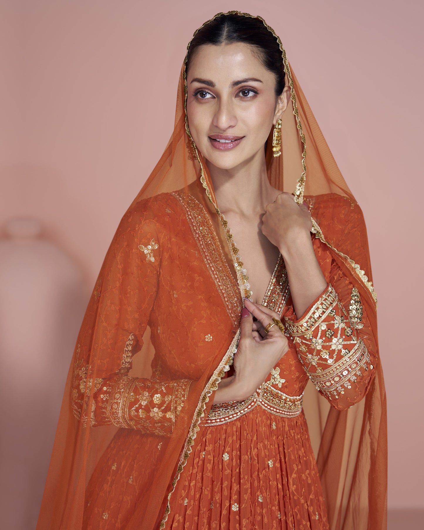 Orange Georgette Anarkali Suit With Dupatta For Indian & Pakistani Wedding Festival - Dori With Thread & Sequence Work