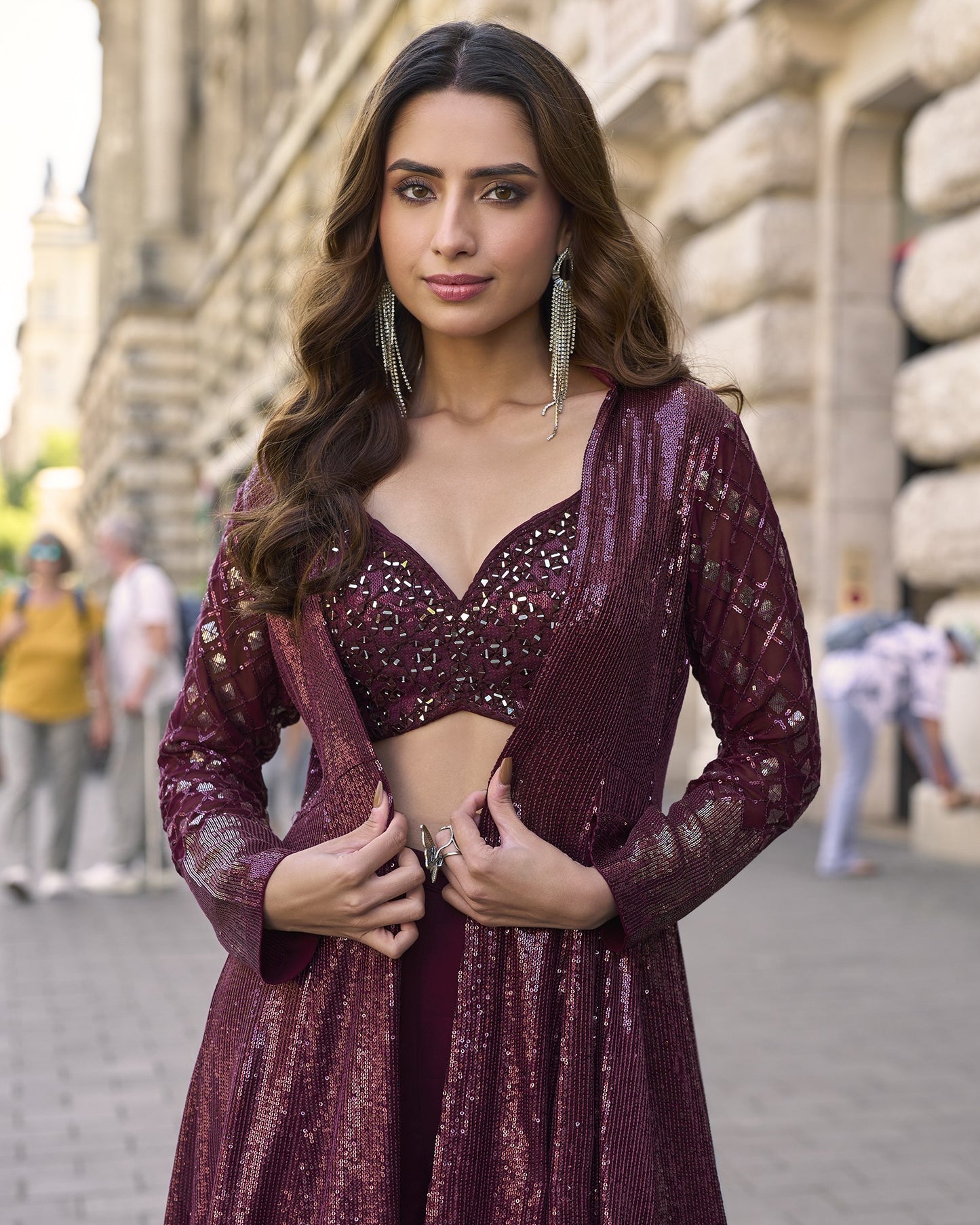 Wine Georgette Plazo Suit With Blouse & Jacket For Indian & Pakistani Wedding Festival & Party Wear - Mirror With Thread & Sequence Work