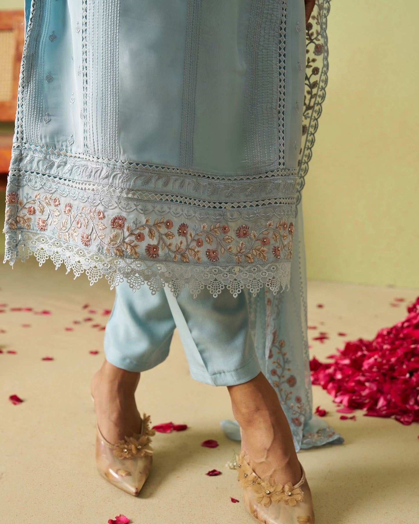 Blue Organza Salwar Suit With Kameez And Dupatta For Indian & Pakistani Wedding Festival - Moti With Thread & Sequence Embroidery Work