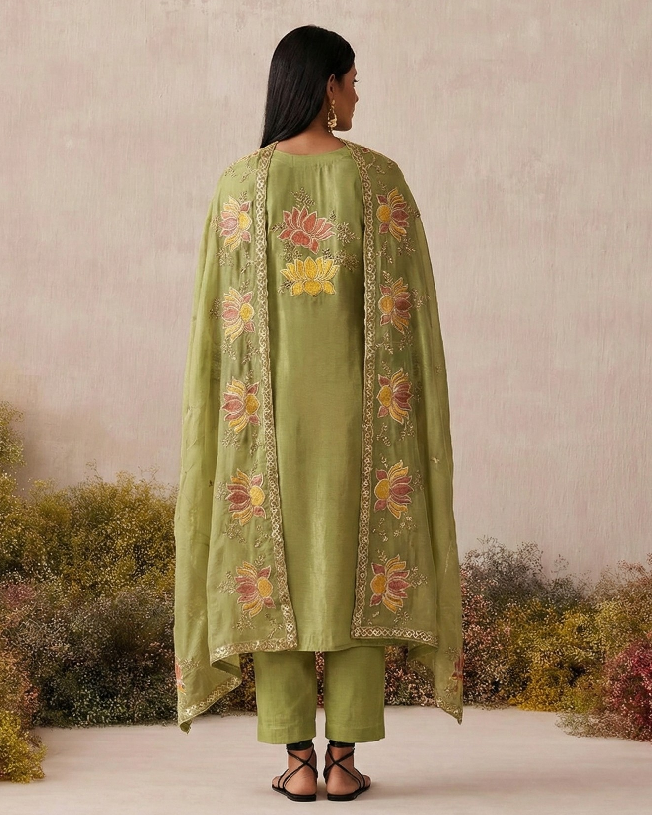 Woman wearing a green embroidered traditional outfit with a neutral background