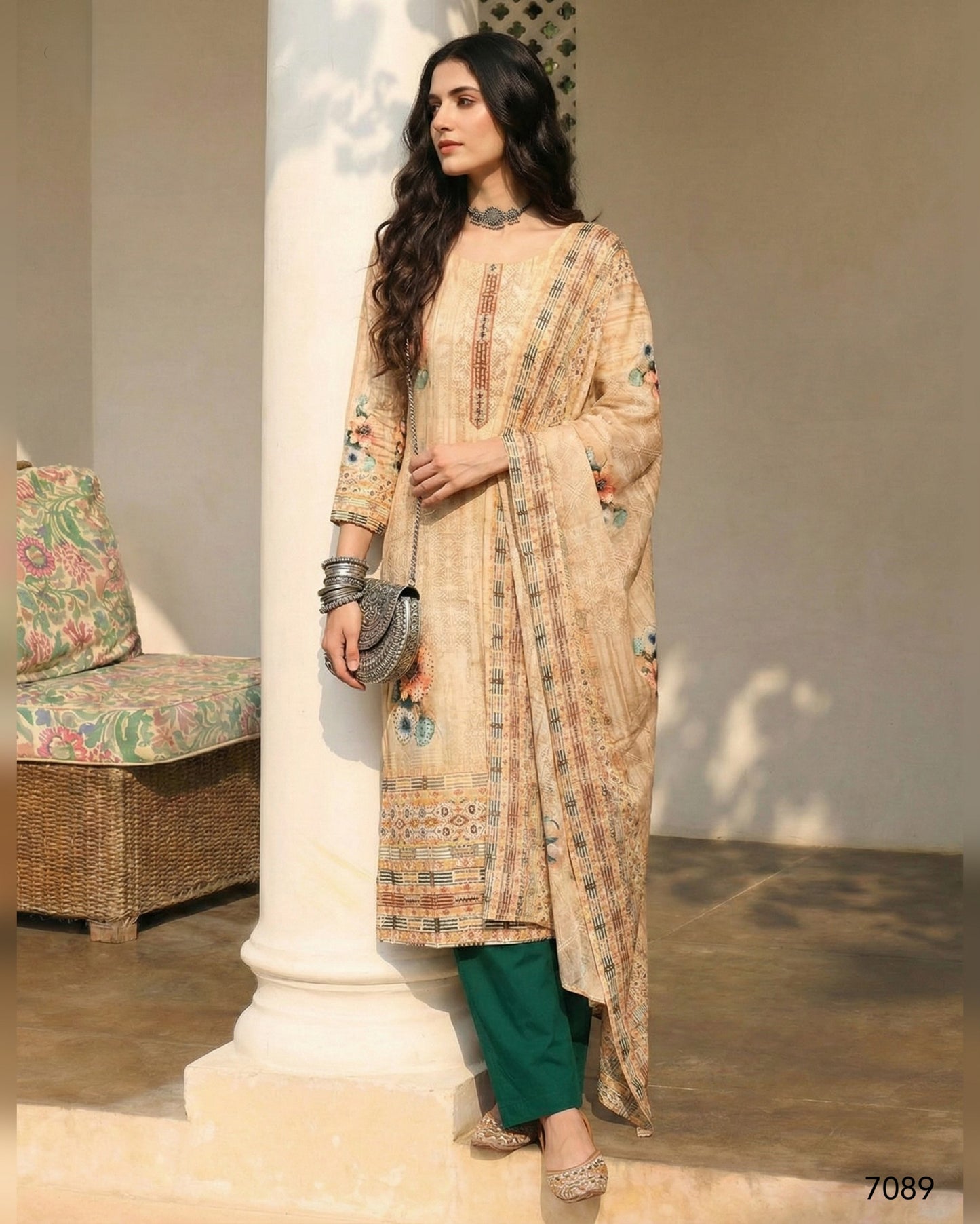 Woman in a traditional outfit standing indoors with a decorative background