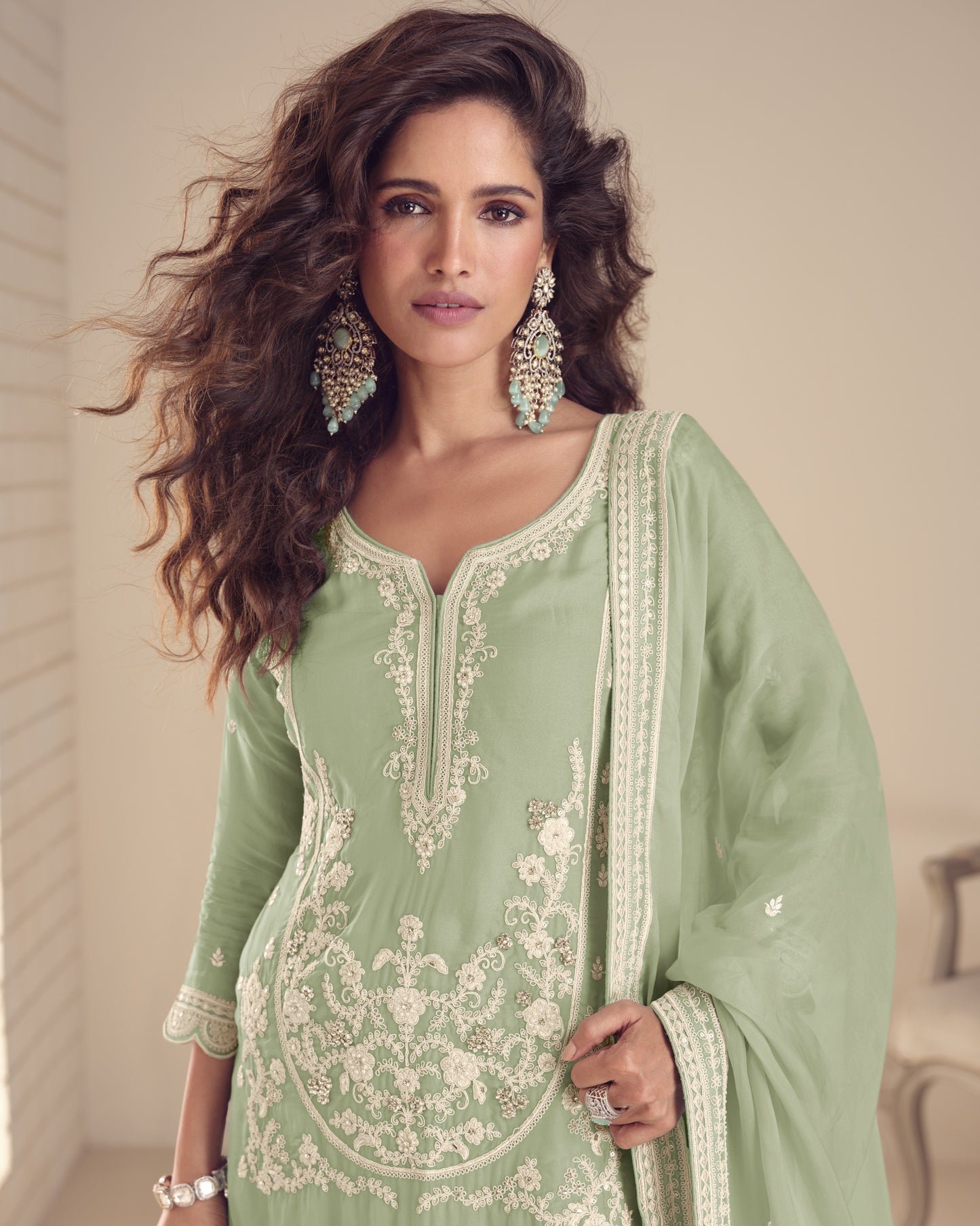 Light Green Chinon Silk Plazo Suit With Kameez & Dupatta For Indian & Pakistani Wedding Festival - Stone & Dori With Thread & Sequence Embroidery Work