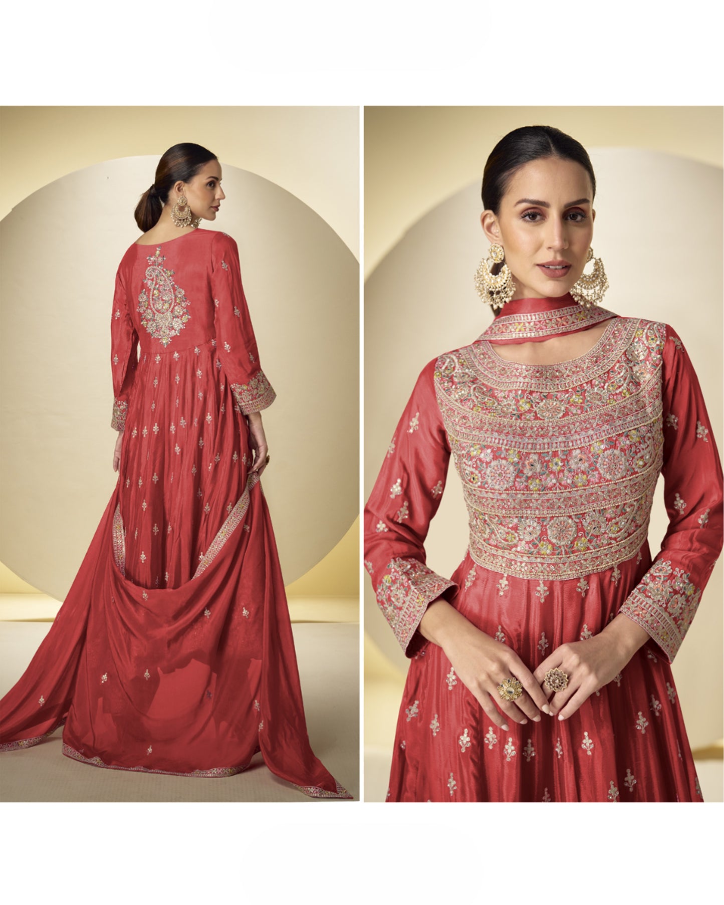 Red traditional outfit with intricate patterns on a neutral background