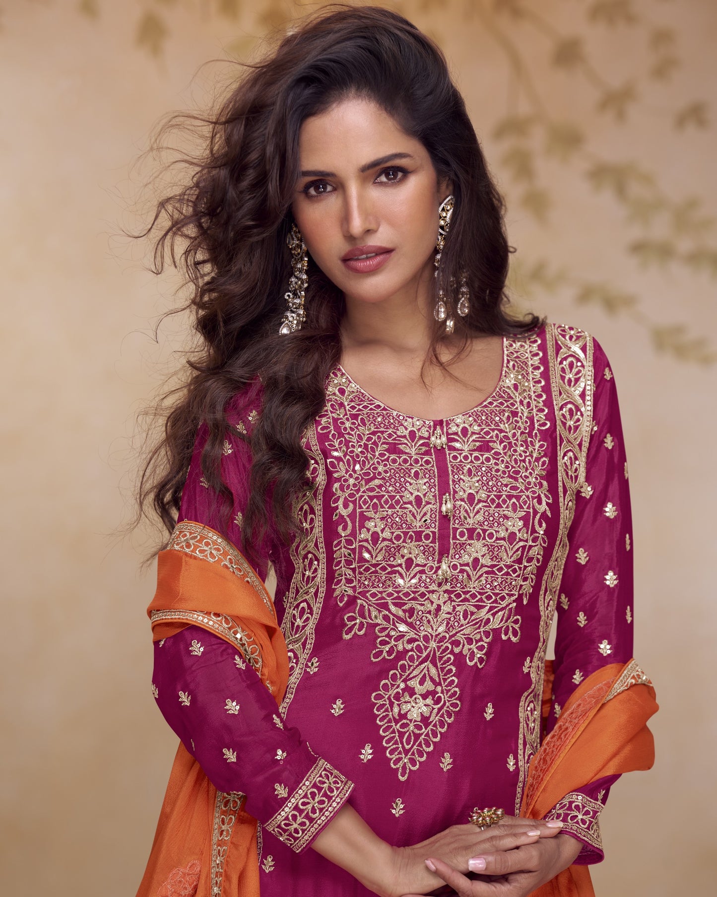 Pink & Orange Chinon Silk Plazo Suit With Kameez & Dupatta For Indian & Pakistani Wedding Festival - Mirror & Dori With Thread & Sequence Work