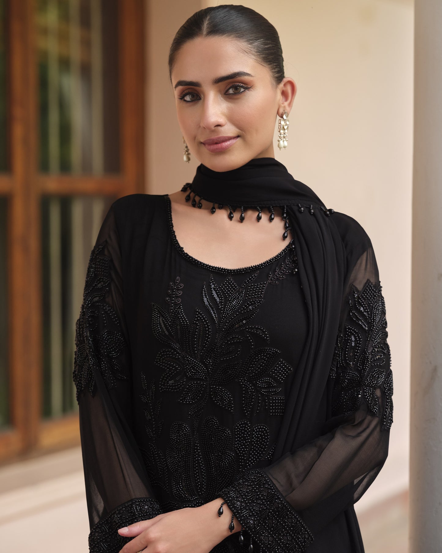 Black Georgette Salwar Suit With Kameez & Dupatta For Indian & Pakistani Wedding Festival - Moti Thread Work