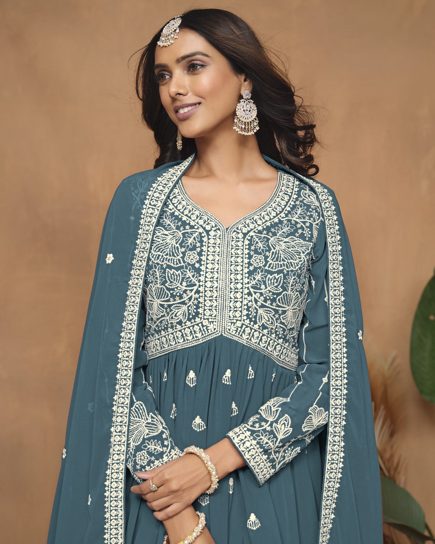 Blue Faux Georgette Sharara Suit With Kameez And Dupatta For Indian & Pakistani Wedding Festival - Thread Sequence Work