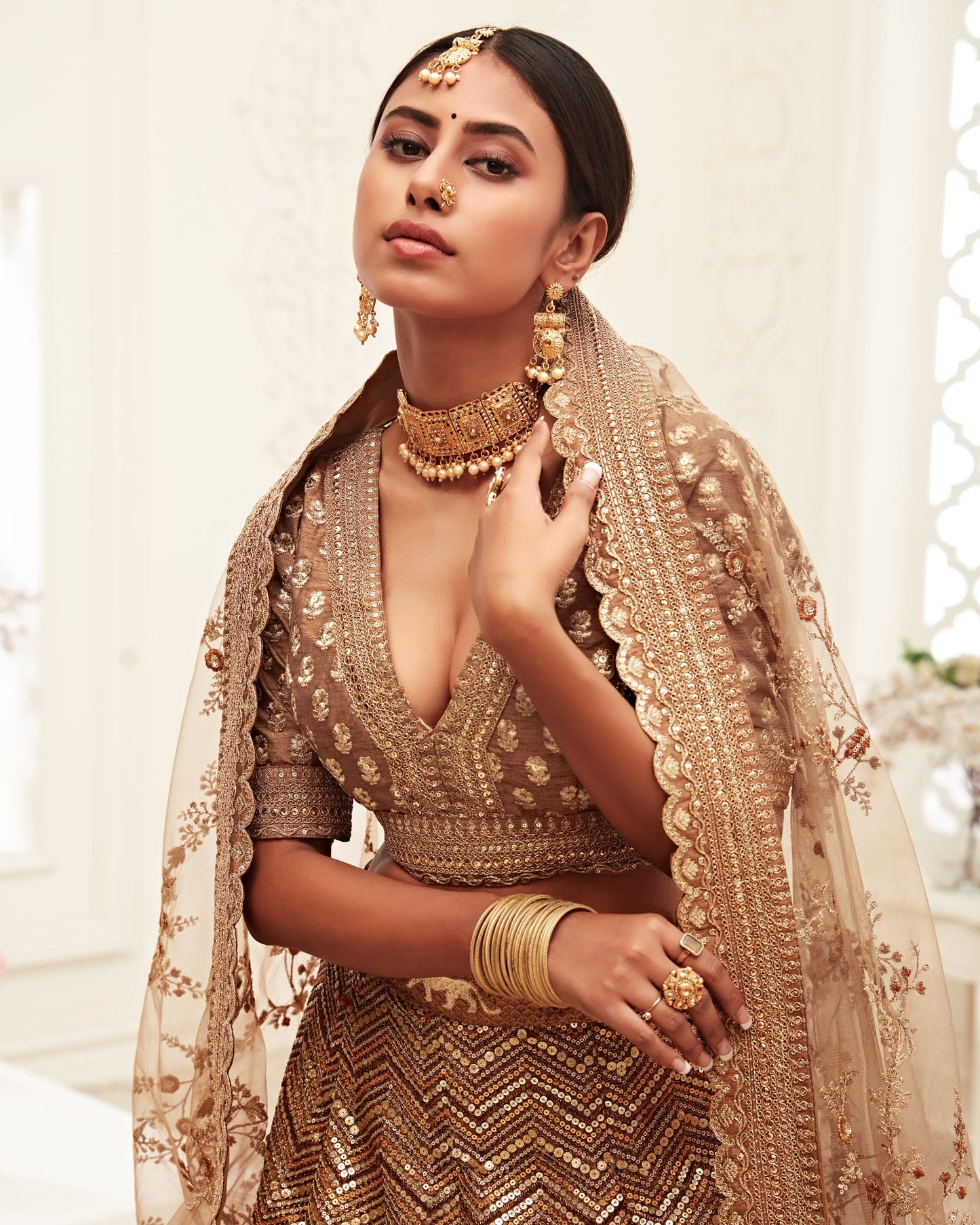 Brown Slub Silk Lehenga With Blouse & Dupatta For Indian & Pakistani Wedding Festival - Thread, Zari and Sequins Embroidery Work
