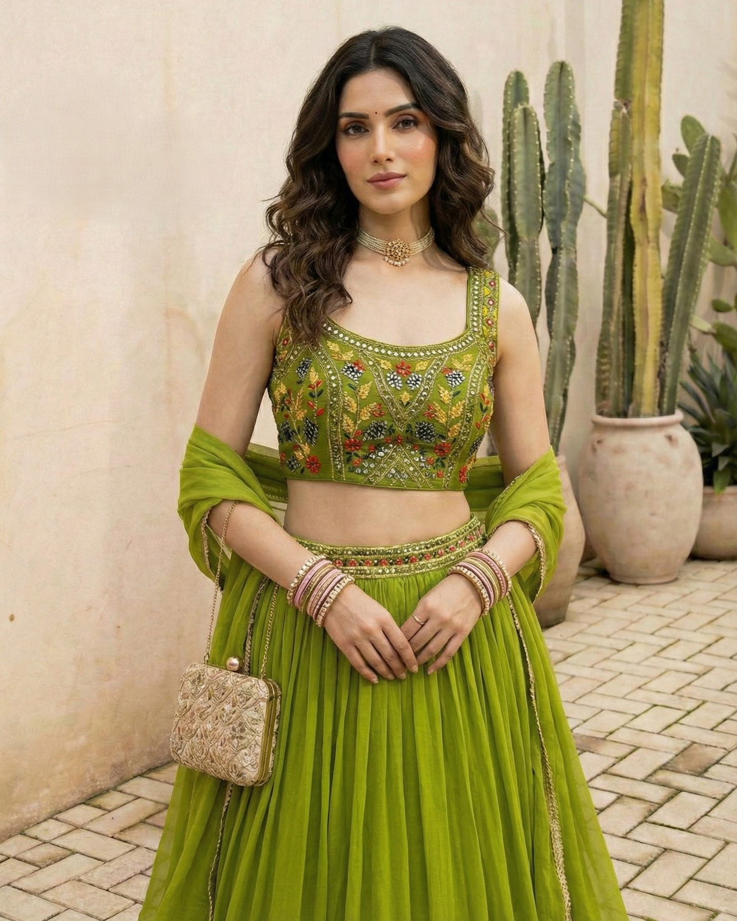 Woman in a green traditional outfit with floral patterns, standing outdoors with plants in the background.