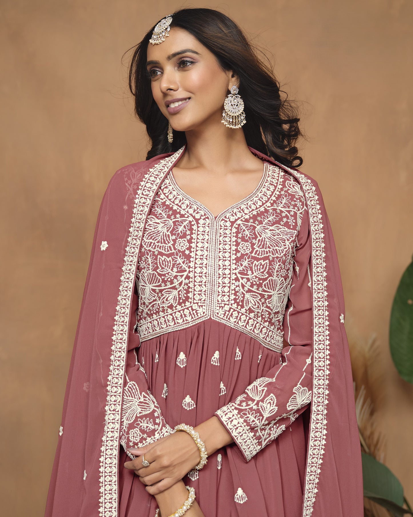 Dusty Pink Faux Georgette Sharara Suit With Kameez And Dupatta For Indian & Pakistani Wedding Festival - Thread Sequence Work