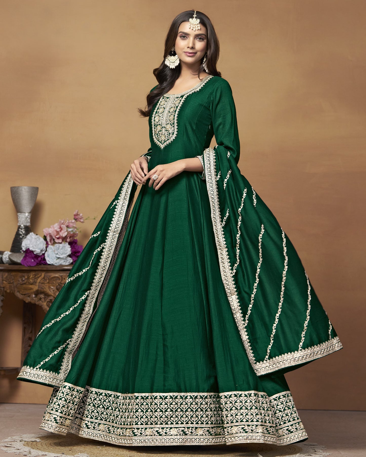 Green Silk Anarkali Suit With Dupatta For Indian & Pakistani Wedding Festival - Dori Thread Sequence Work