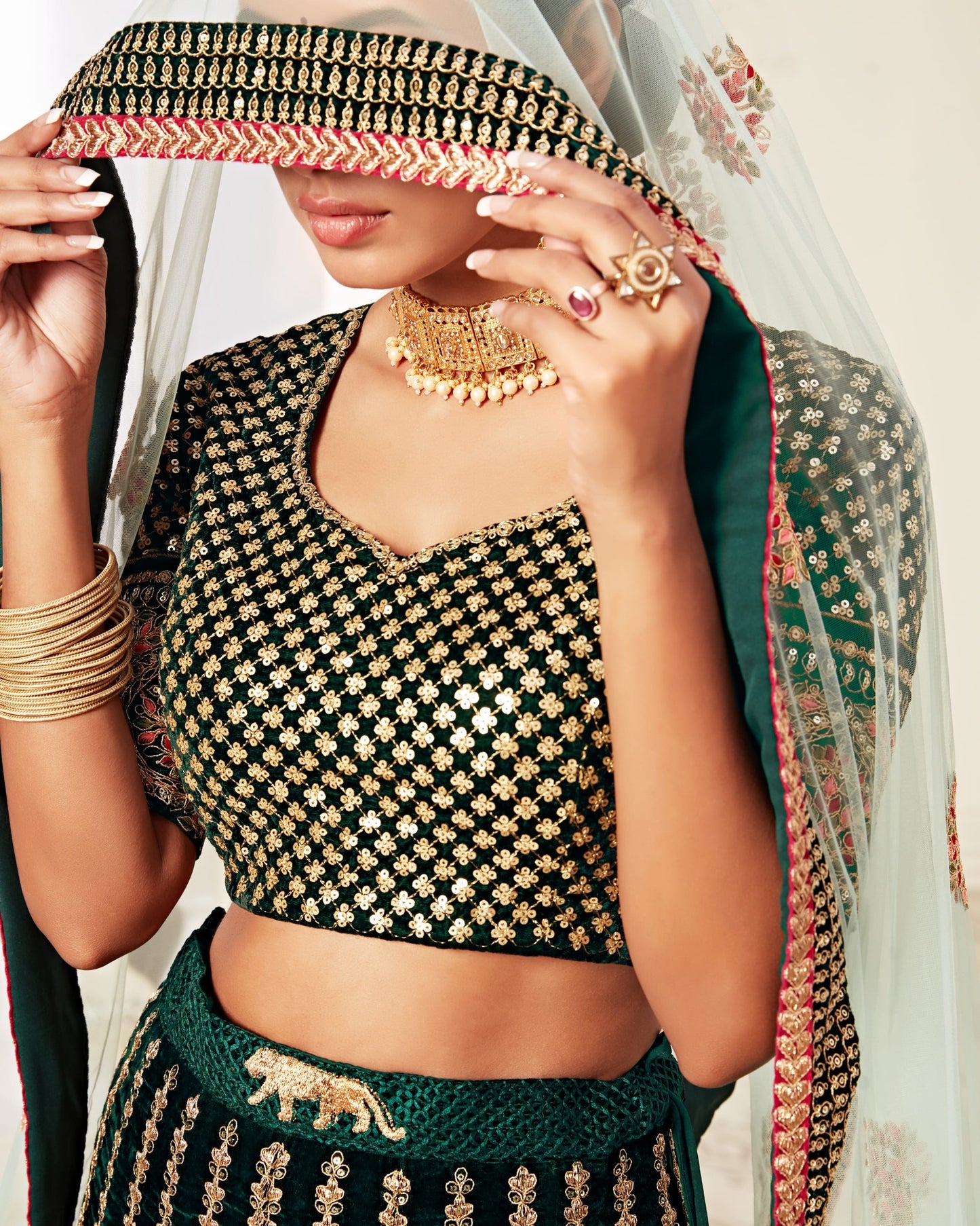 Woman wearing a traditional green and gold embroidered outfit with jewelry.