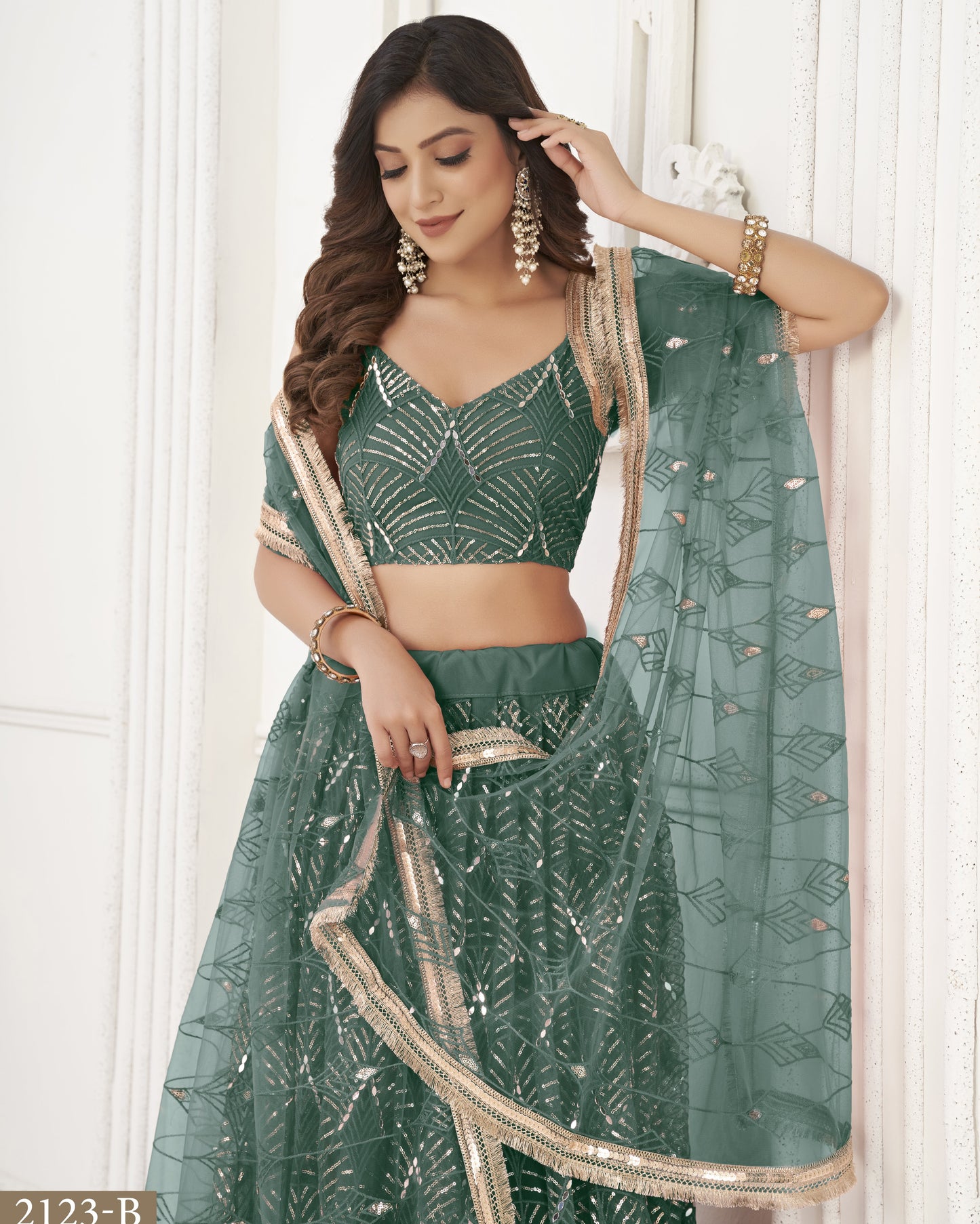 Green Net Lehenga Choli With Blouse & Dupatta For Indian & Pakistani Wedding Festivals - Mirror With Thread & Sequence Embroidery Work