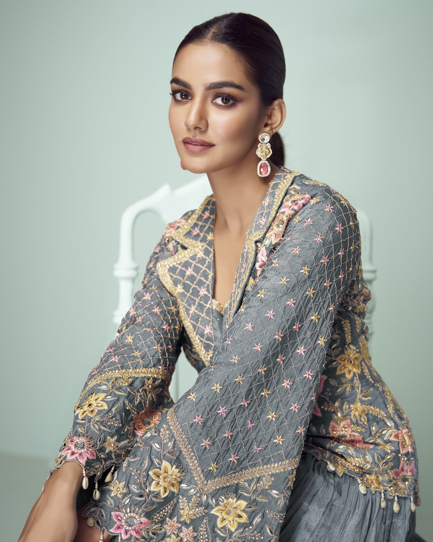 Gray Chinon Silk Plazo With Top & Dupatta For Indian & Pakistani Wedding Festival - Dori Mirror Thread Sequence Work