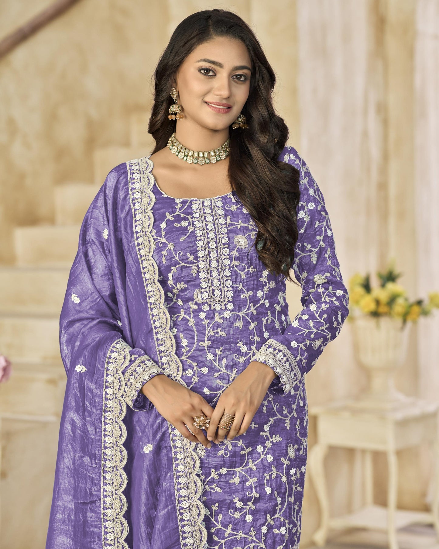 Lavender Organza Salwar Suit With Kameez & Dupatta For Indian & Pakistani Wedding Festival Season - Thread Sequence Work