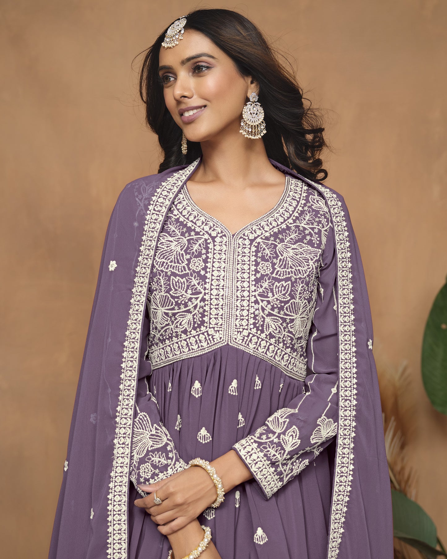 Lavender Faux Georgette Sharara Suit With Kameez And Dupatta For Indian & Pakistani Wedding Festival - Thread Sequence Work