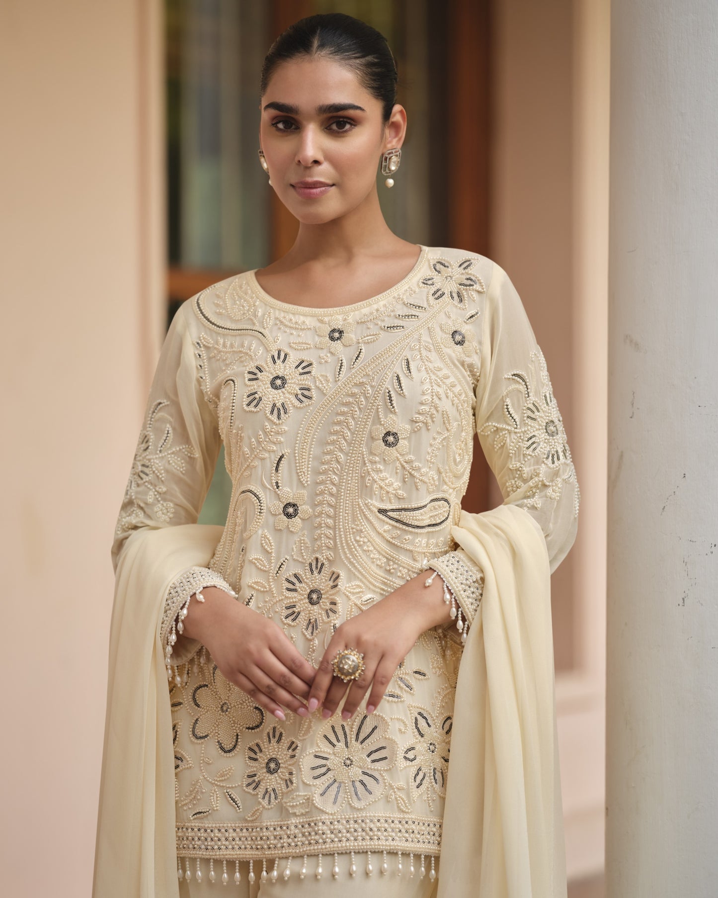 Light Beige Georgette Salwar Suit With Kameez & Dupatta For Indian & Pakistani Wedding Festival - Moti Thread Work