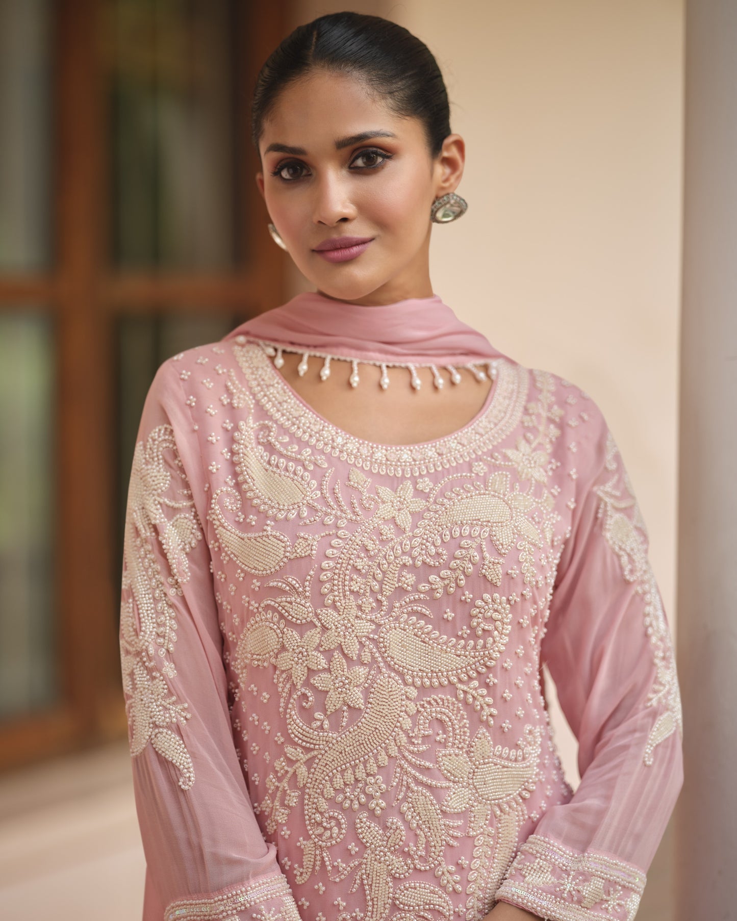 Light Pink Georgette Salwar Suit With Kameez & Dupatta For Indian & Pakistani Wedding Festival - Moti Thread Work