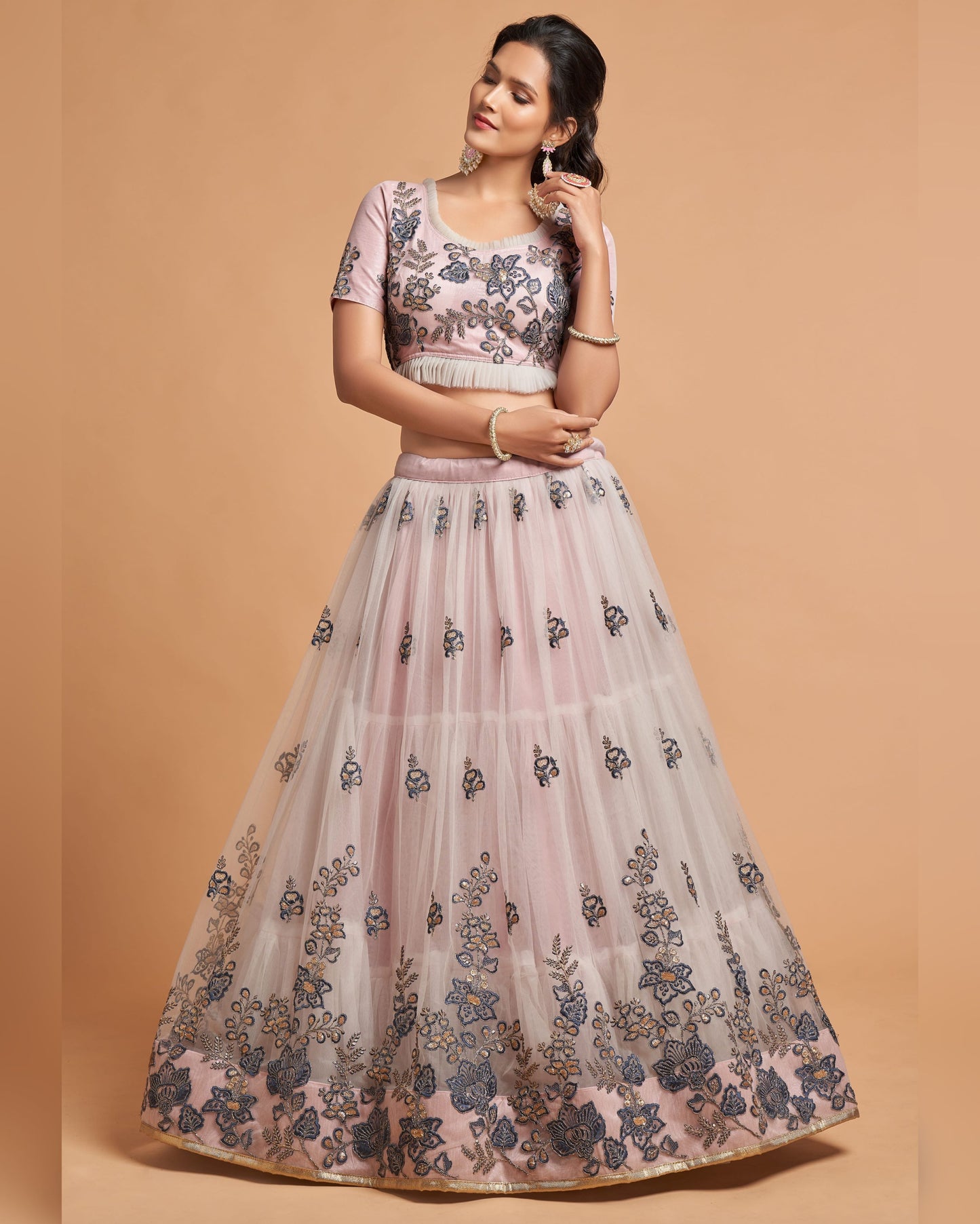 Light Pink Soft Net Blouse With Lehenga For Indian & Pakistani Wedding Festival - Thread, Zari, Dori and Sequins Embroidery Work