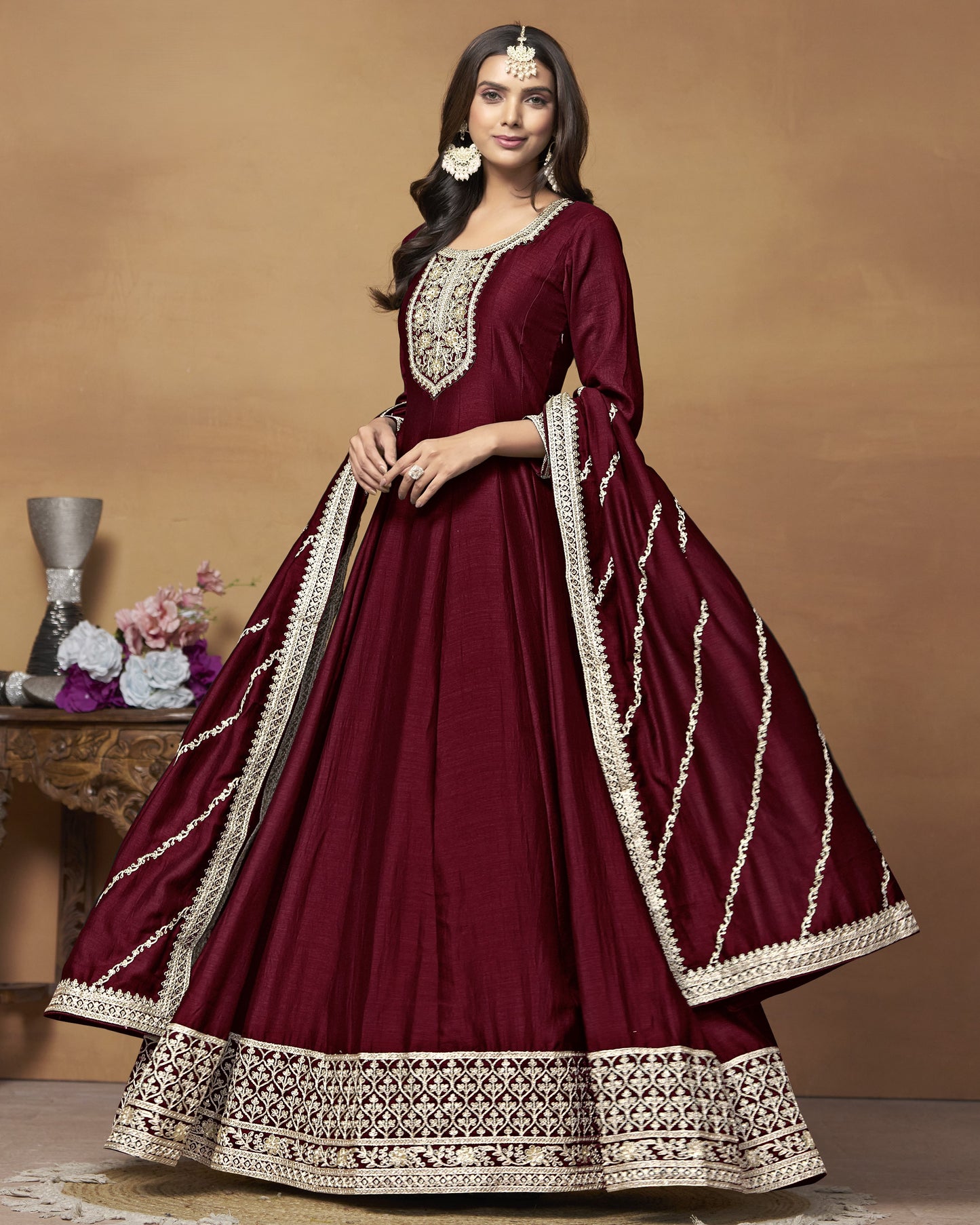 Maroon Silk Anarkali Suit With Dupatta For Indian & Pakistani Wedding Festival - Dori Thread Sequence Work