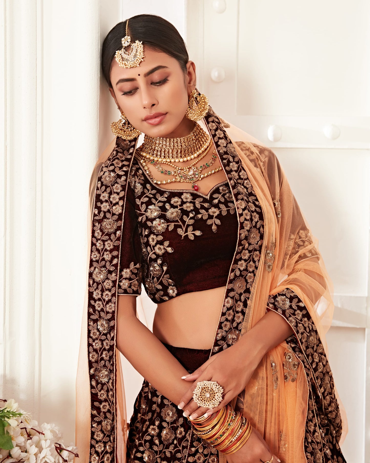 Woman in traditional Indian attire with jewelry, standing indoors.