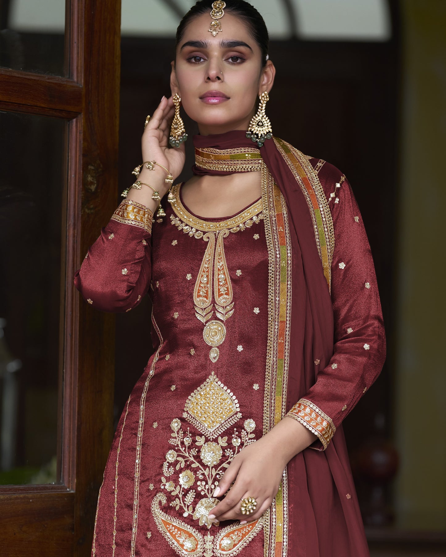 Maroon Simer Silk Plazo Suit With Kameez & Dupatta For Indian & Pakistani Wedding Festival - Thread Sequence Work