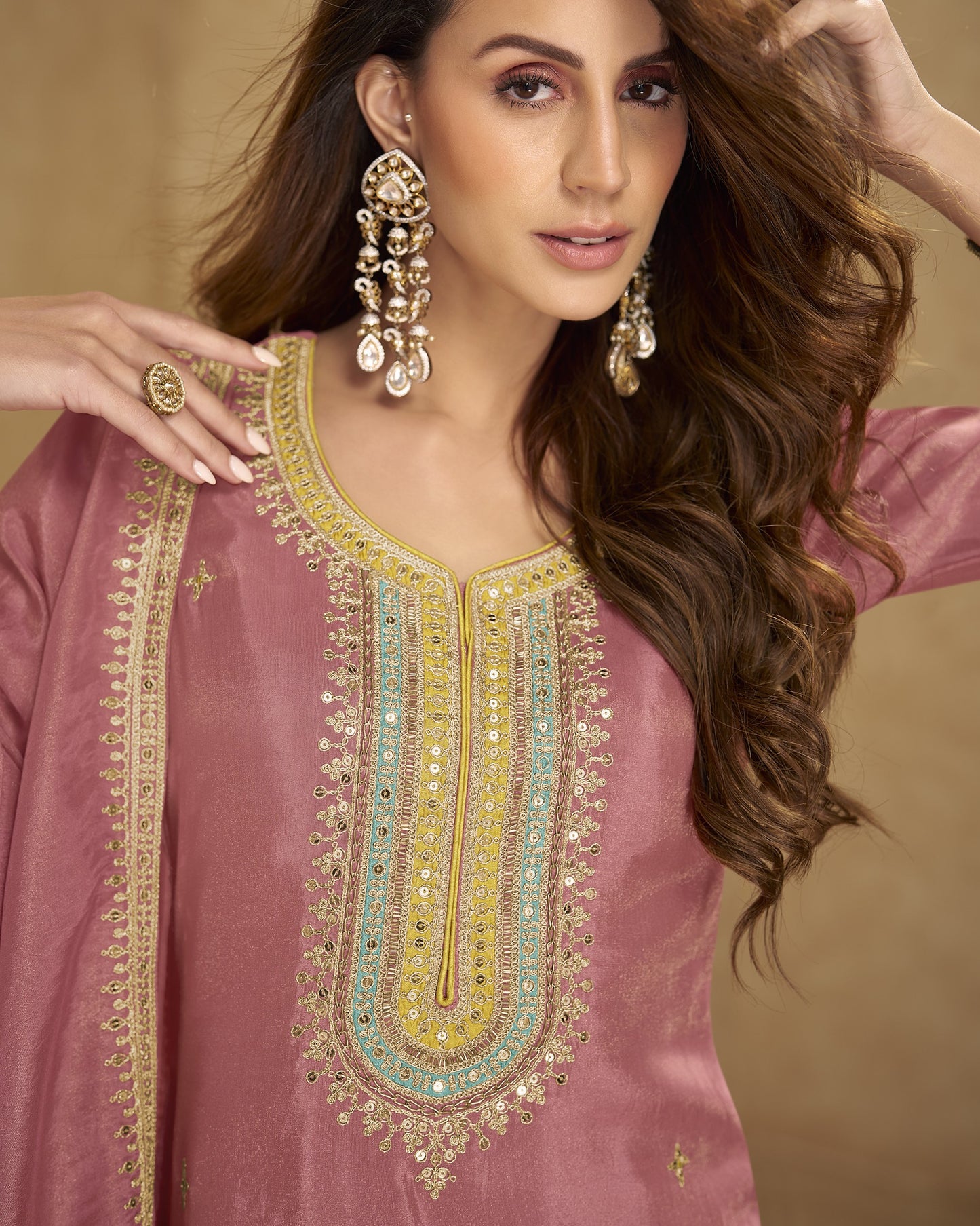 Pink Simmar Silk Kameez With Salwar Suit For Indian & Pakistani Wedding Festival - Dori Thread Sequence Work