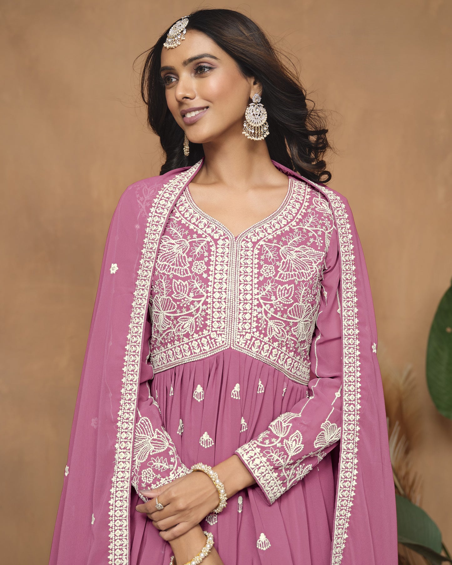 Pink Faux Georgette Sharara Suit With Kameez And Dupatta For Indian & Pakistani Wedding Festival - Thread Sequence Work