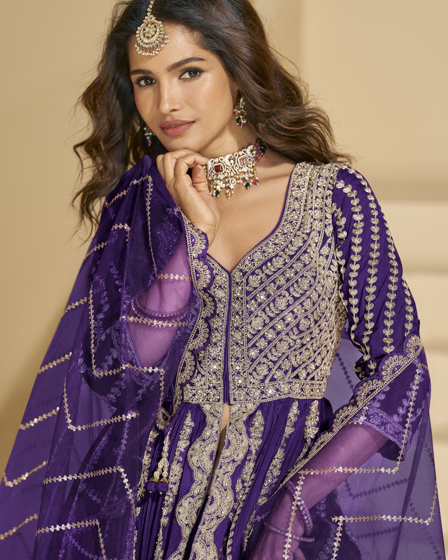 Purple Chinon Silk Anarkali Suit With Skirt & Dupatta For Indian & Pakistani Wedding Festival - Mirror & Dori With Thread & Sequence Work