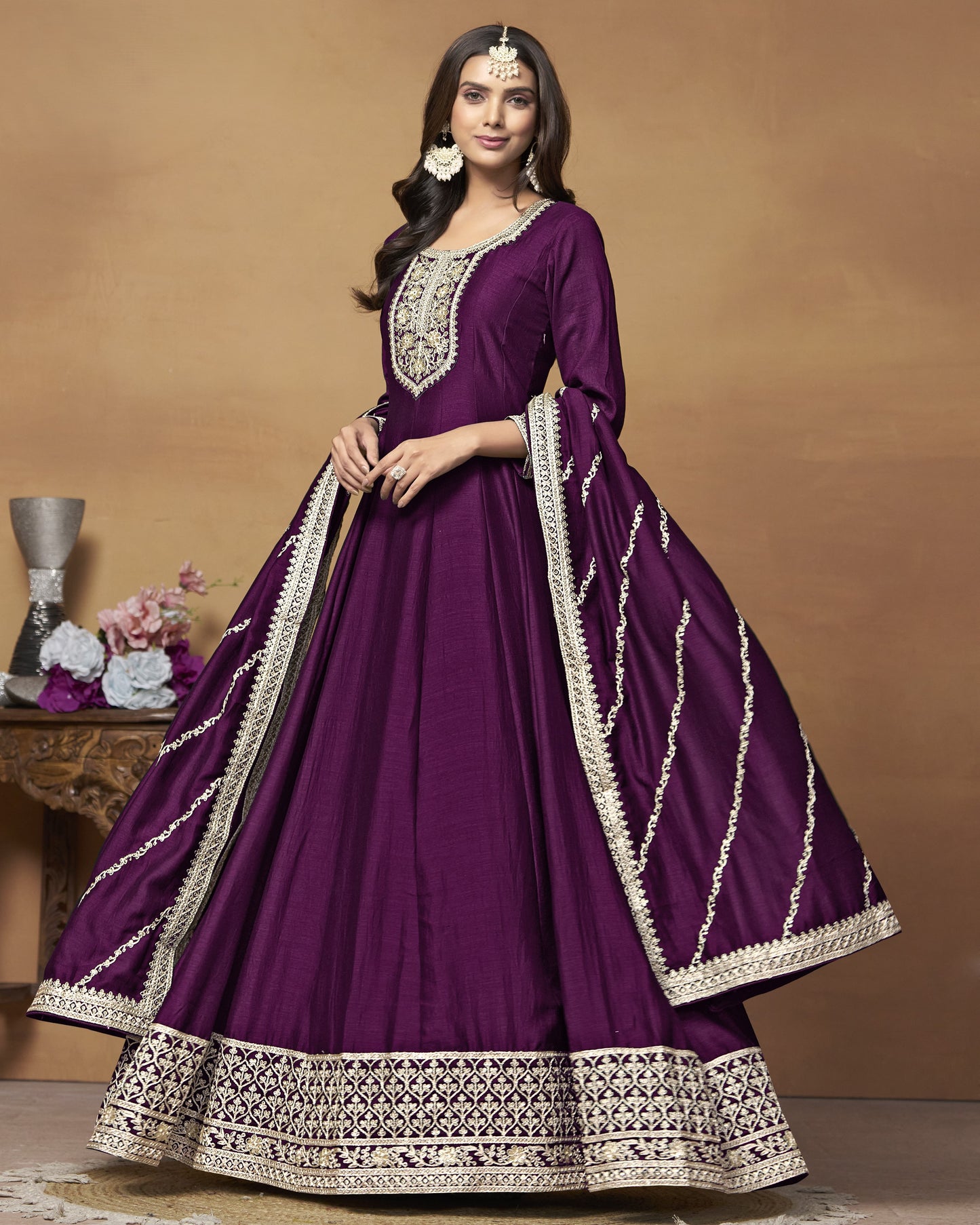 Purple Silk Anarkali Suit With Dupatta For Indian & Pakistani Wedding Festival - Dori Thread Sequence Work