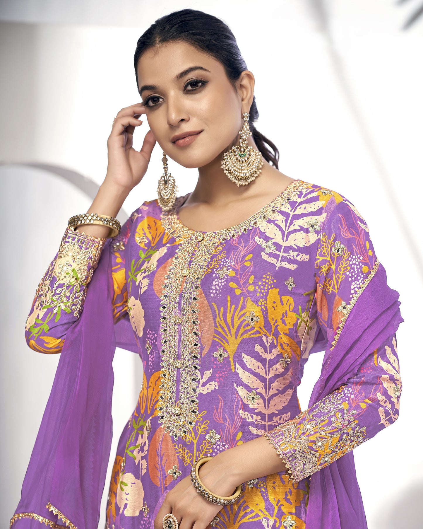 Purple Chinon Silk Sharara Suit With Kameez & Dupatta For Indian & Pakistani Wedding Festival - Digital Print - Handmade Stone & Mirror Sequence Embroidery Work
