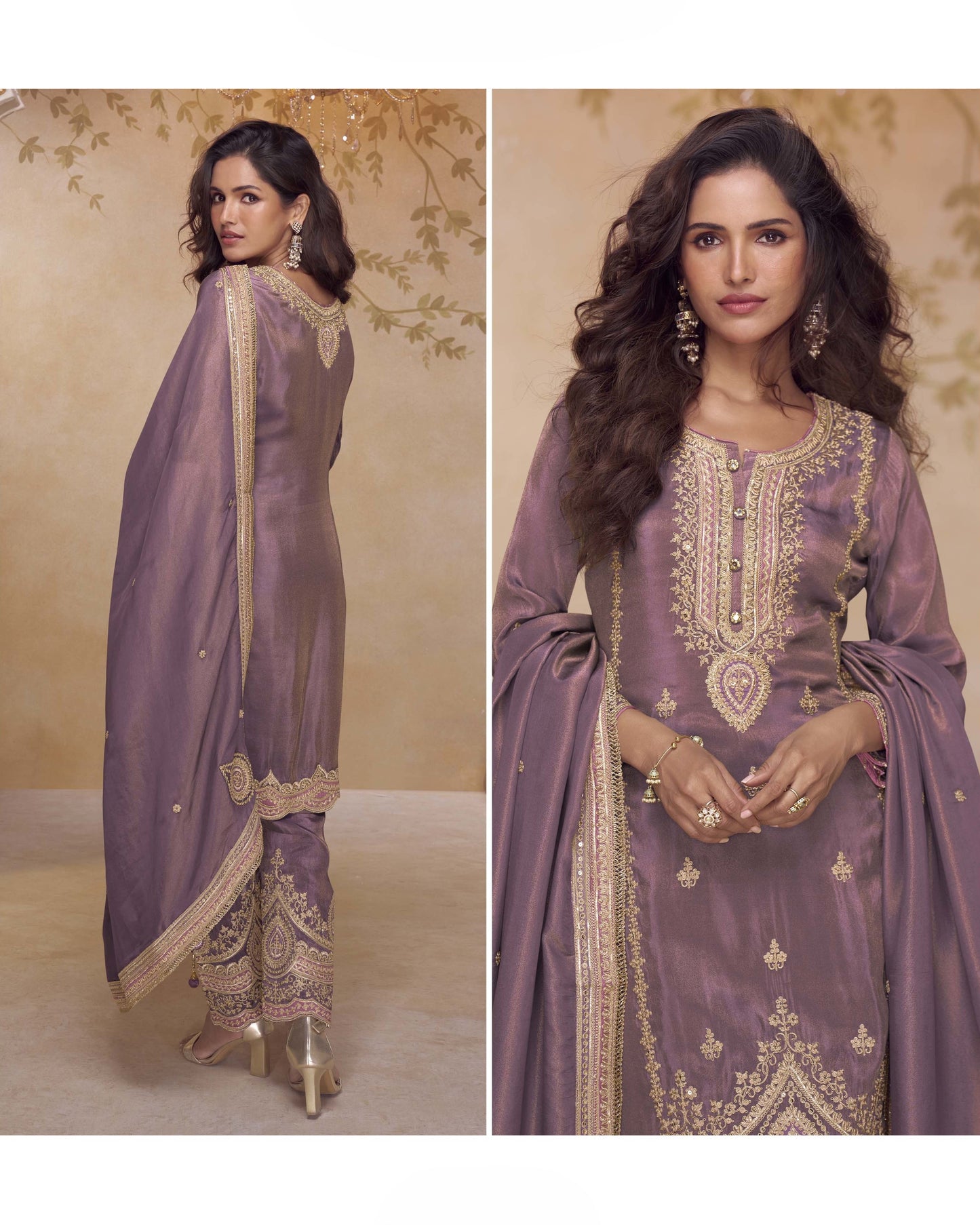 Woman wearing a purple embroidered outfit with a matching dupatta against a beige background