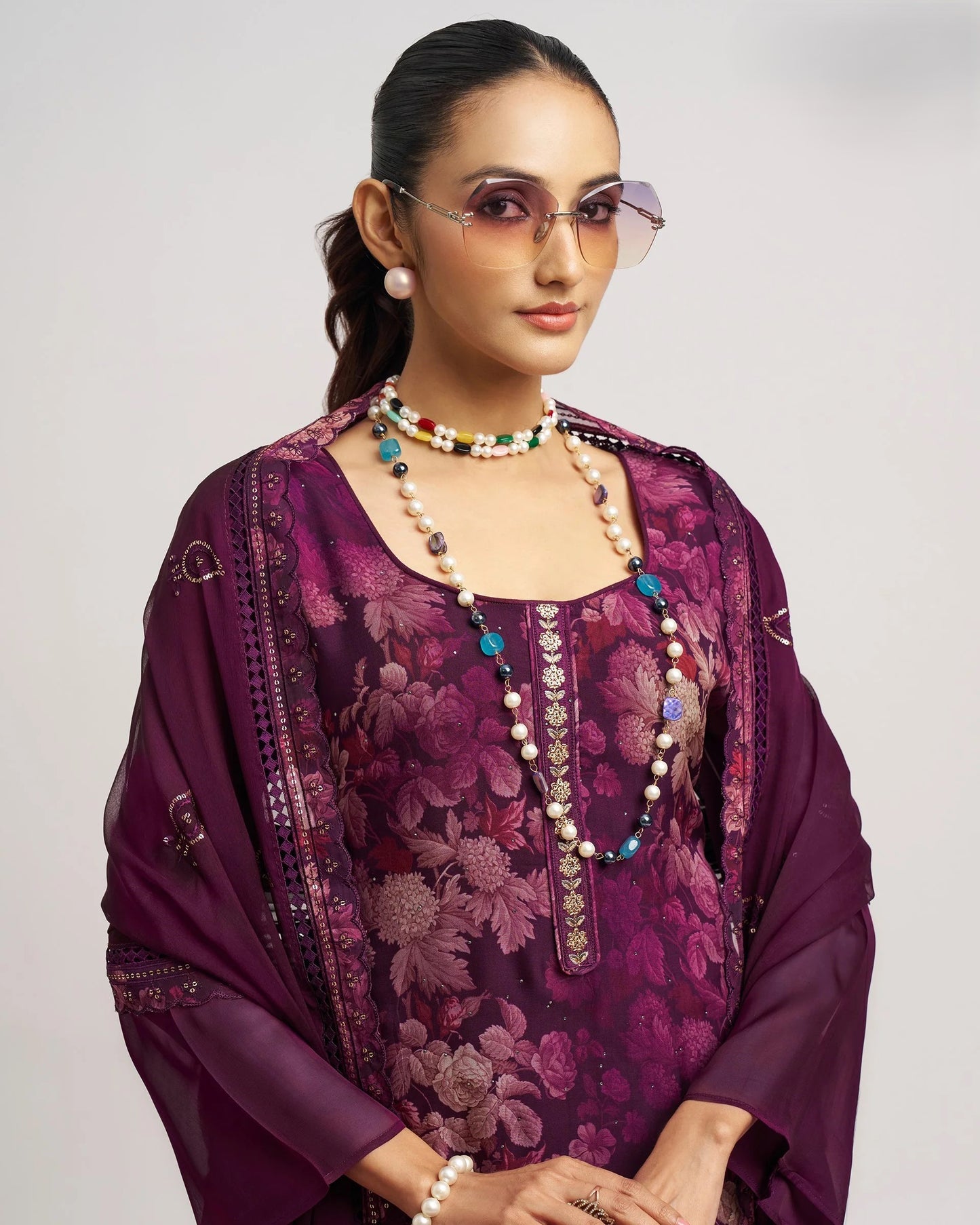 Purple Organza Kameez With Salwar Suit For Indian & Pakistani Wedding Festival - Thread & Sequence Embroidery and Prints