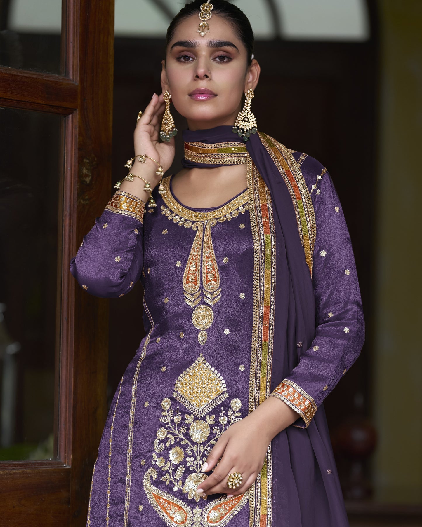 Purple Simer Silk Plazo Suit With Kameez & Dupatta For Indian & Pakistani Wedding Festival -Thread Sequence Work