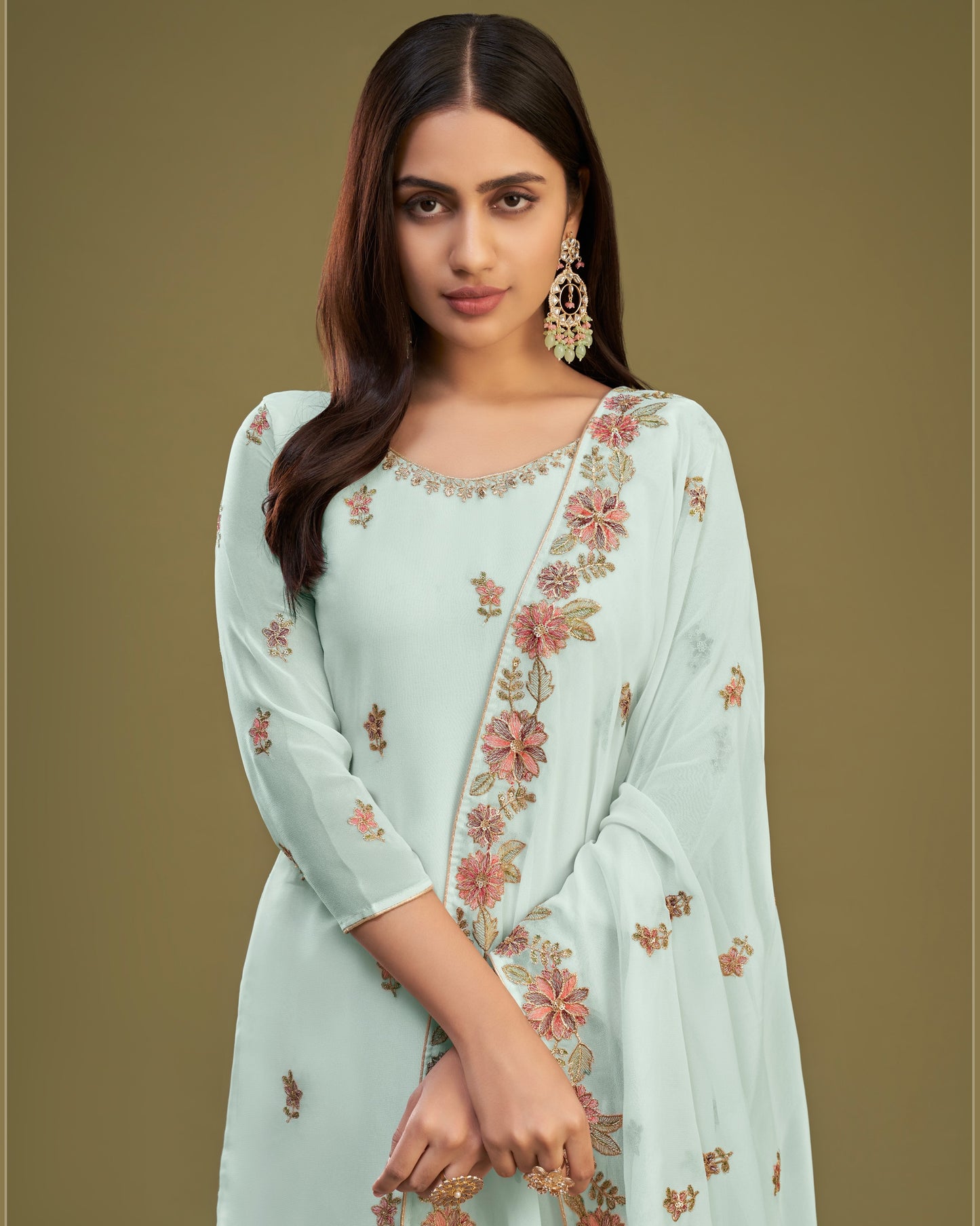 Sky Blue Georgette Sharara Suit With Kameez And Dupatta For Indian & Pakistani Wedding Festival - Multi Thread Sequence Work