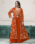 Orange Georgette Plazo Pair With Blouse & Jacket For Indian & Pakistani Wedding Festival - Dori Thread Sequence Work