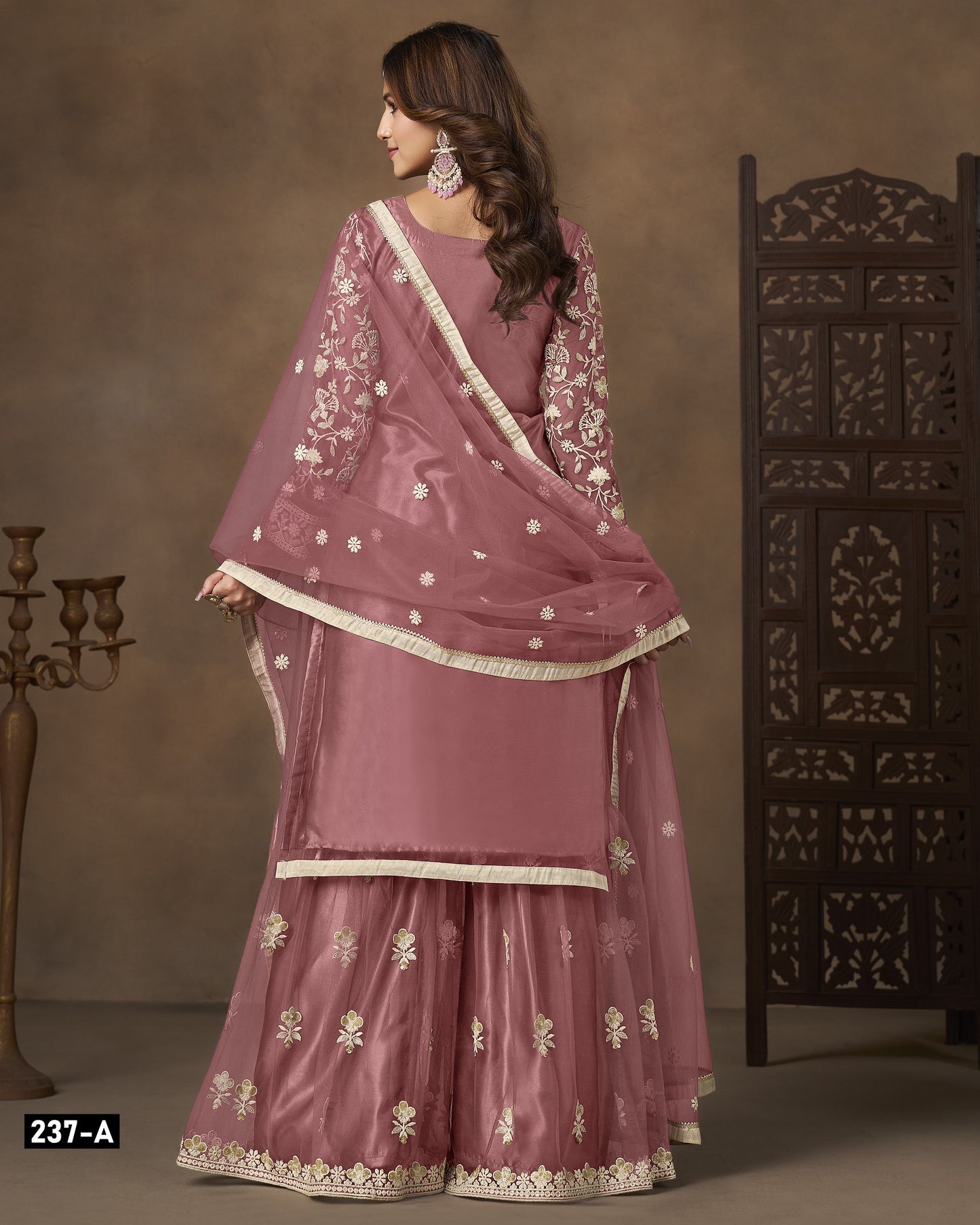 Mauve Pink Net Sharara Suit With Kameez & Dupatta For Indian & Pakistani Wedding Festival - Dori With Thread & Sequence Work