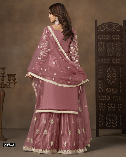 Mauve Pink Net Sharara Suit With Kameez & Dupatta For Indian & Pakistani Wedding Festival - Dori With Thread & Sequence Work