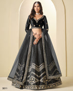 Black Velvet Lehenga Choli With Blouse & Dupatta For Indian & Pakistani Wedding Festival - Sequins & Thread Embroidered Work