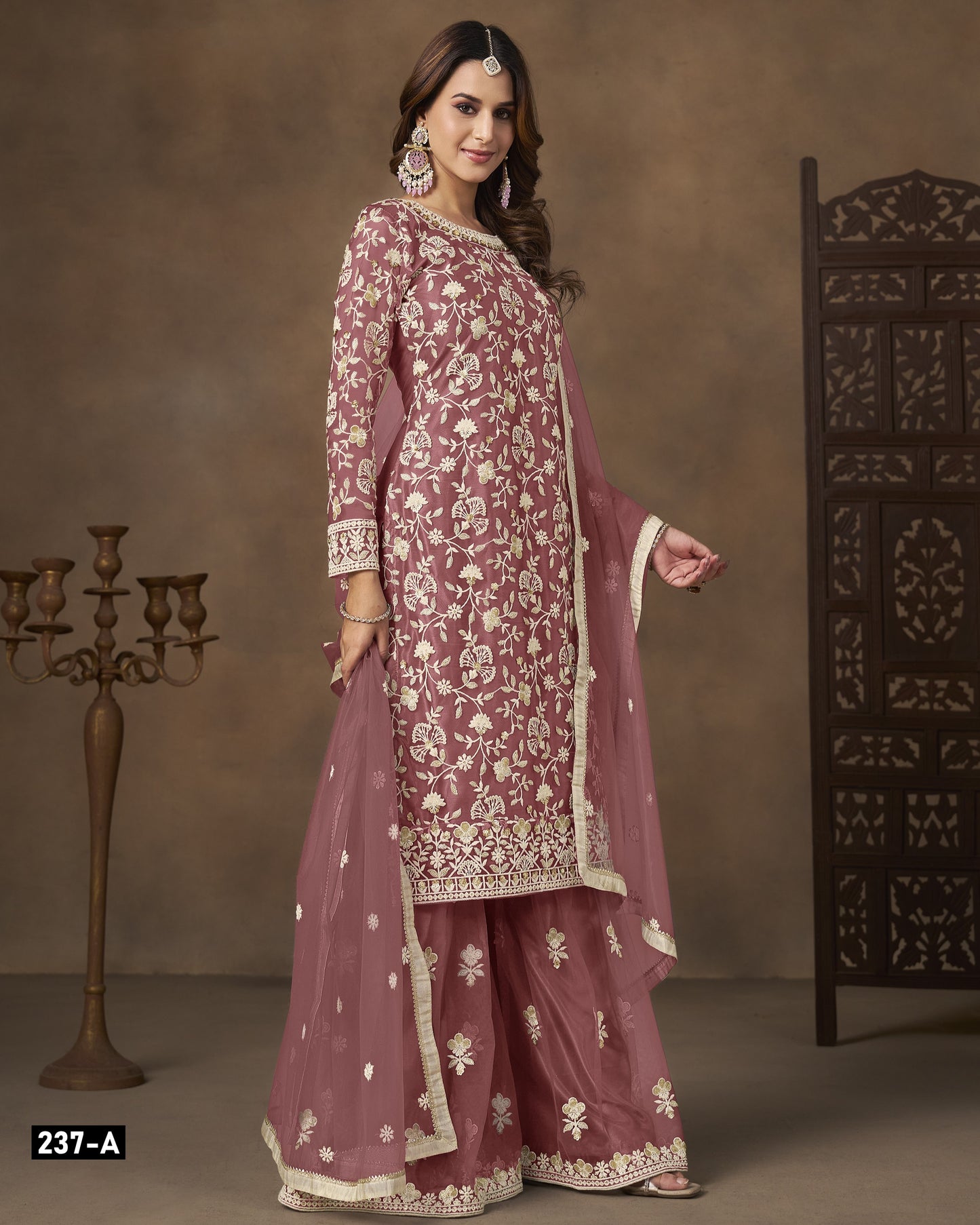 Mauve Pink Net Sharara Suit With Kameez & Dupatta For Indian & Pakistani Wedding Festival - Dori With Thread & Sequence Work
