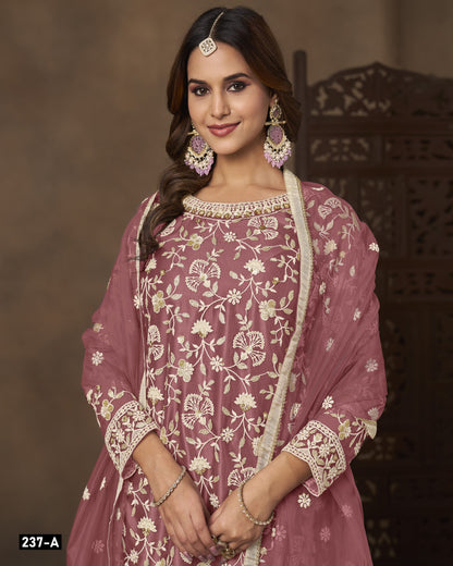 Mauve Pink Net Sharara Suit With Kameez & Dupatta For Indian & Pakistani Wedding Festival - Dori With Thread & Sequence Work
