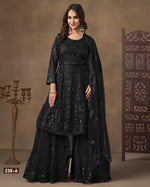 Black Net Sharara Suit With Kameez & Dupatta For Indian & Pakistani Wedding Festival - Dori With Thread & Sequence Work