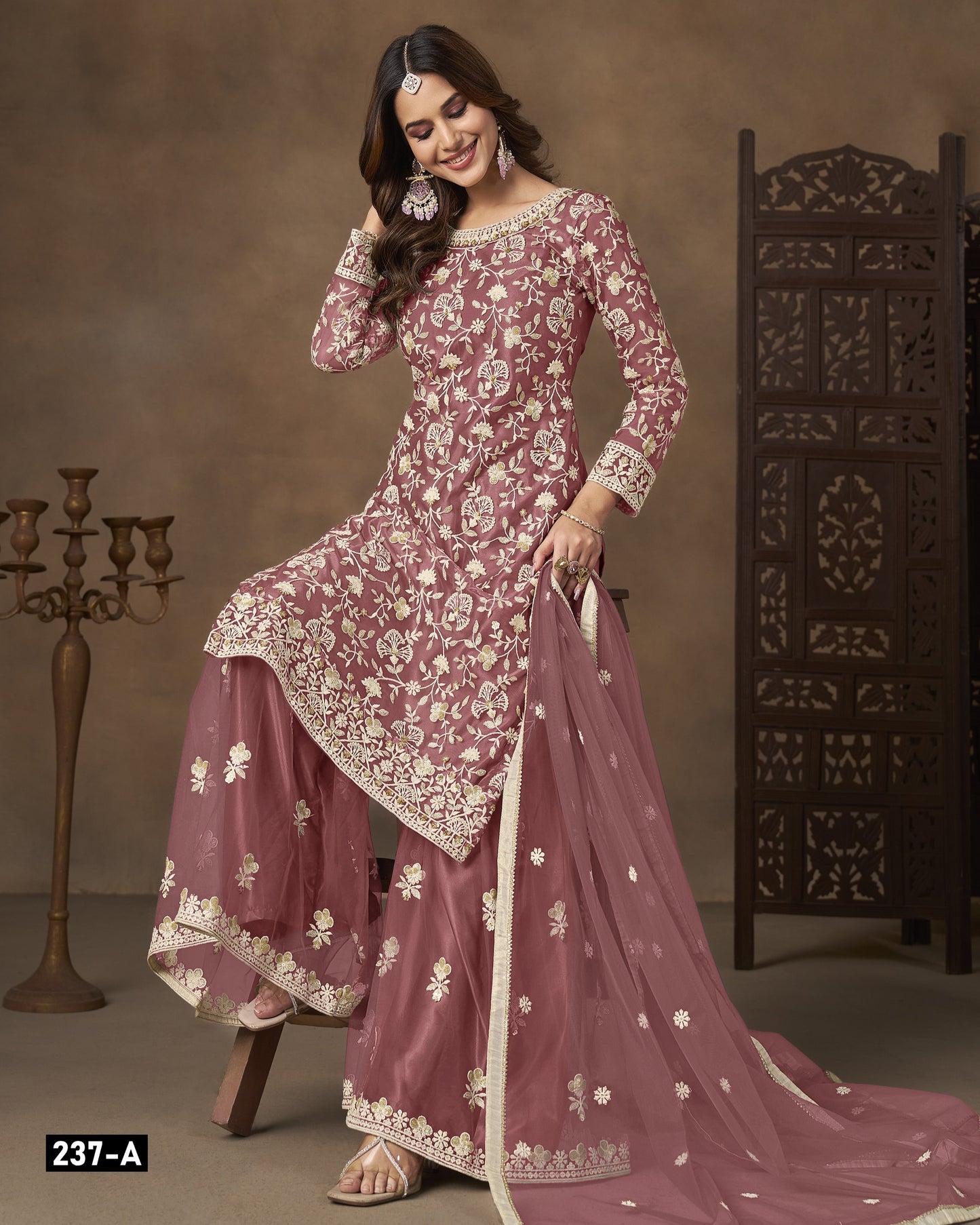 Mauve Pink Net Sharara Suit With Kameez & Dupatta For Indian & Pakistani Wedding Festival - Dori With Thread & Sequence Work