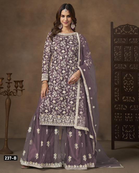 Lavender Net Sharara Suit With Kameez & Dupatta For Indian & Pakistani Wedding Festival - Dori With Thread & Sequence Work
