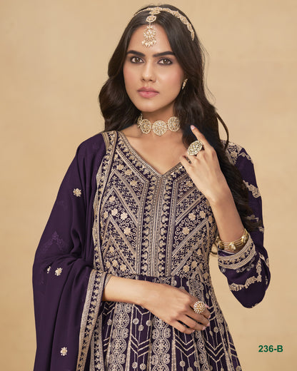 Woman wearing a traditional outfit with intricate patterns on a beige background